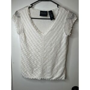 Axcess Liz Claiborne Womens White Crochet Knit V-Neck Short Sleeve Top Small